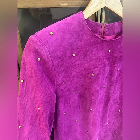 Vintage Daniel Leather Long Sleeve Fuchsia Suede Shift Dress with Stud Detail - Picture 5 of 13